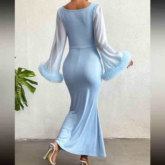 Elegant Blue Long Sleeve Dress - Picture 2 of 7